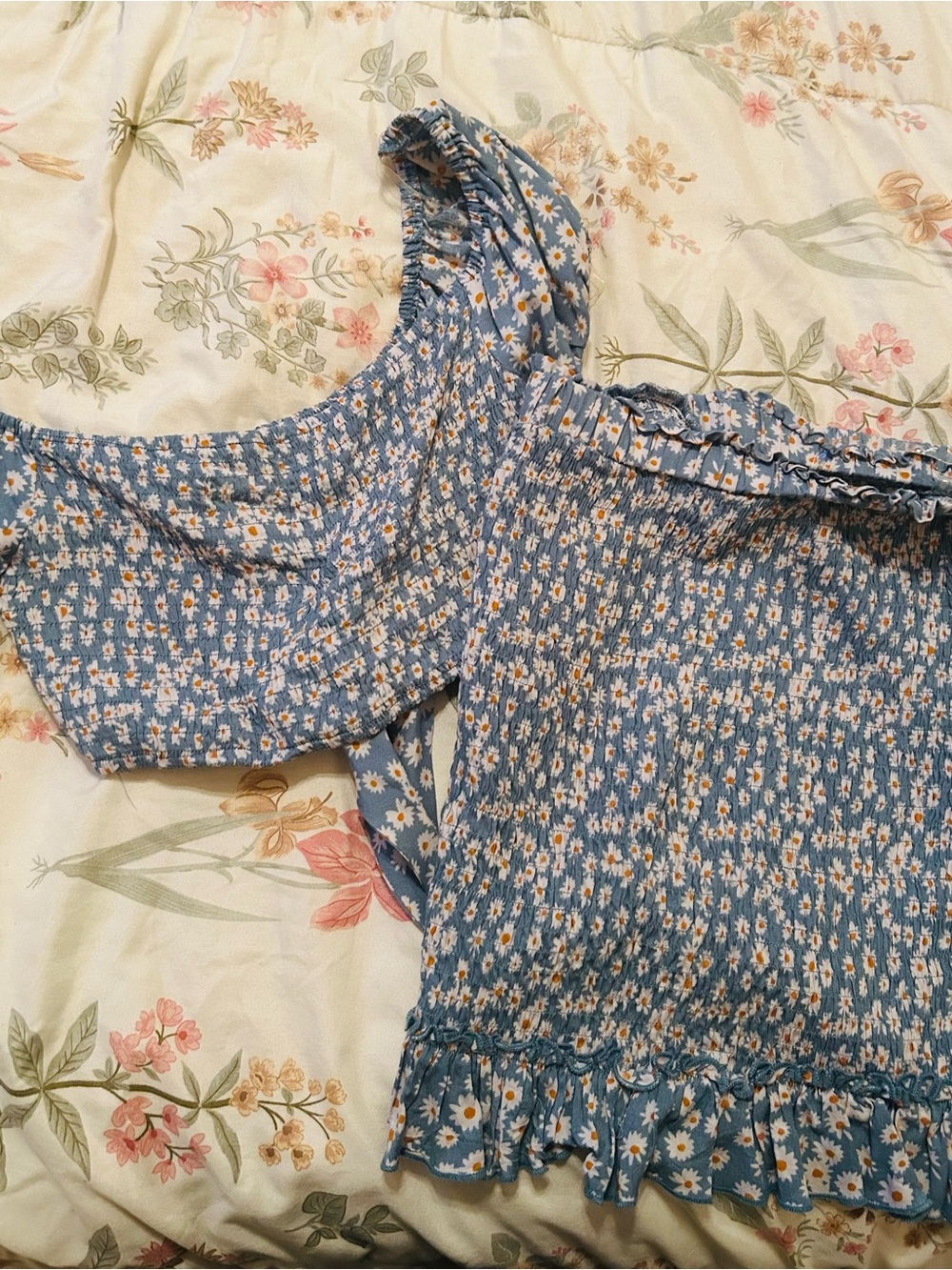 Blue Daisy Smocked Off-Shoulder Women's crop Top and mini skirt